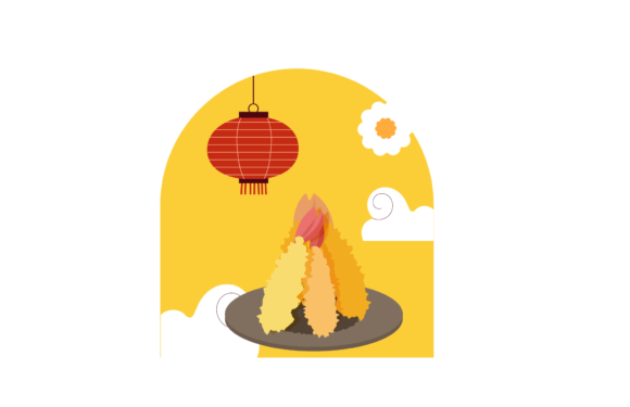 Lunar Food Ebi Furay Illustration Dish for Embroidery Projects